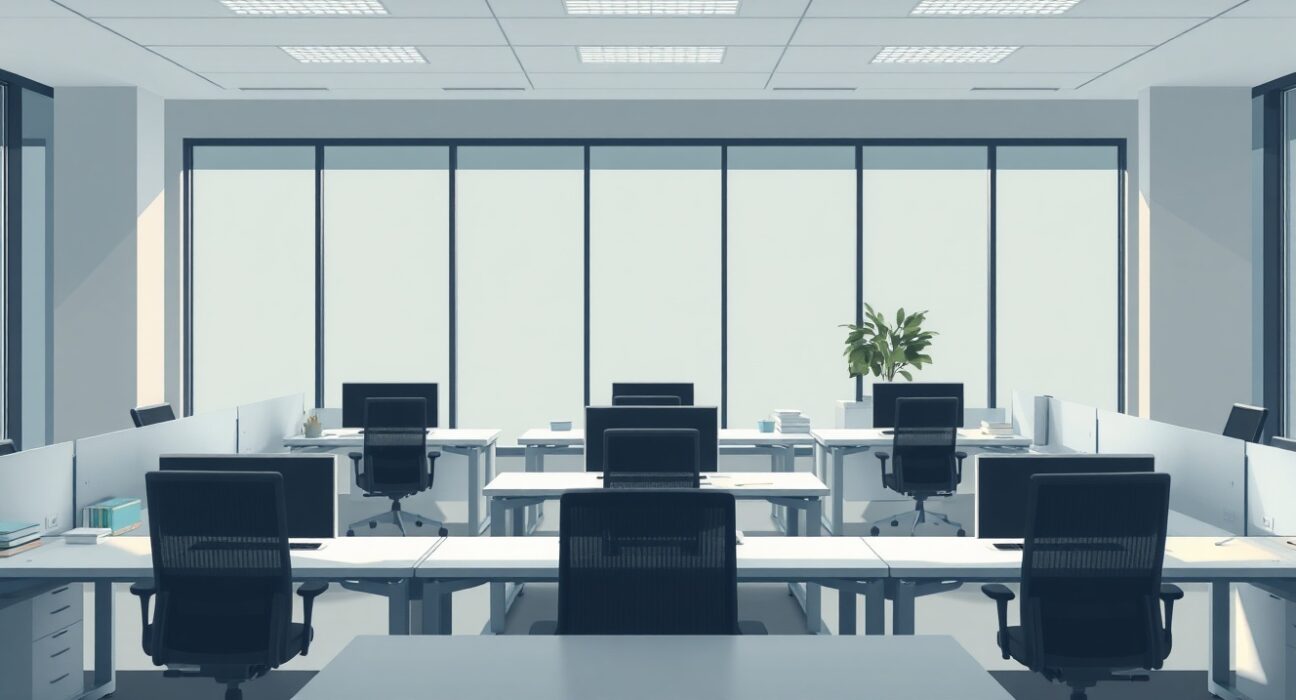 Optimism workforce reduction depicted through an empty modern office workspace, symbolizing corporate restructuring.