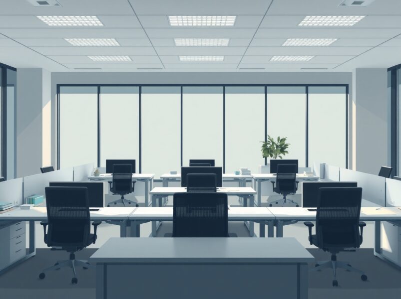 Optimism workforce reduction depicted through an empty modern office workspace, symbolizing corporate restructuring.