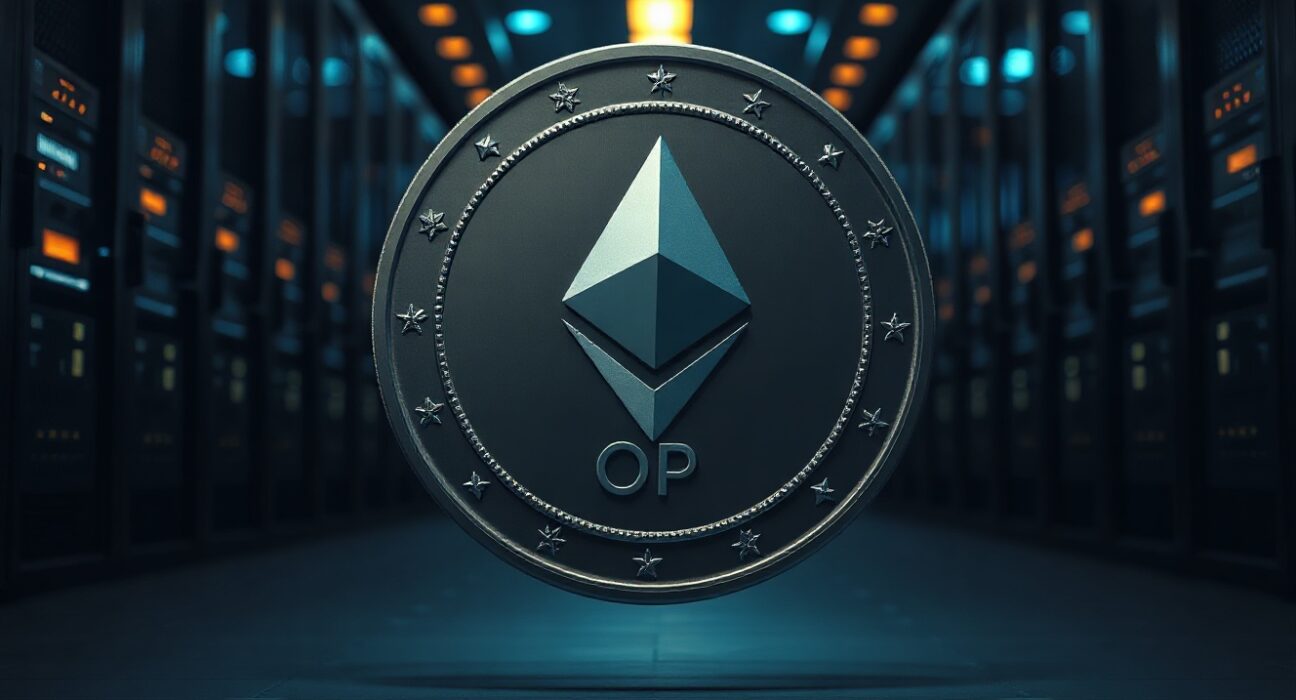 Optimism OP token with blockchain network background, symbolizing scheduled token unlocks.