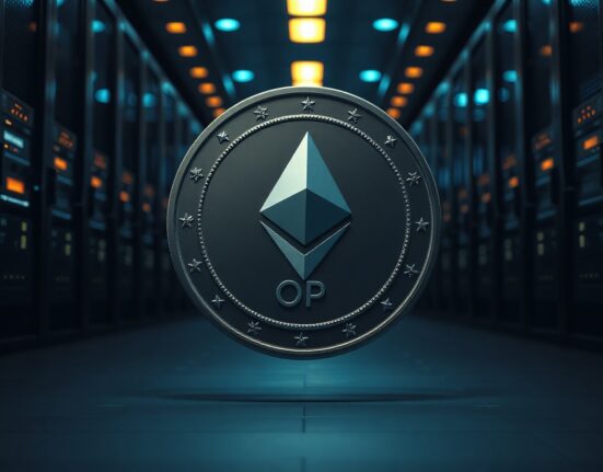 Optimism OP token with blockchain network background, symbolizing scheduled token unlocks.