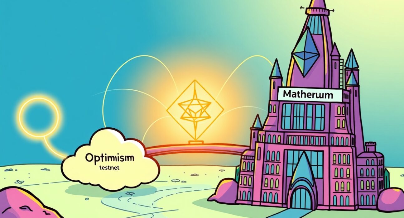 A vibrant cartoon depicting the Optimism Superchain upgrade seamlessly connecting Ethereum networks, symbolizing enhanced scaling.