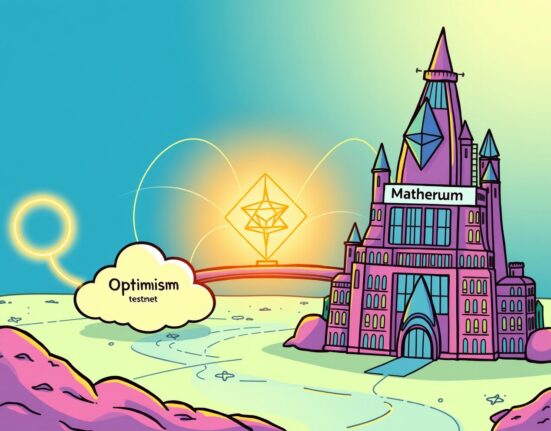 A vibrant cartoon depicting the Optimism Superchain upgrade seamlessly connecting Ethereum networks, symbolizing enhanced scaling.