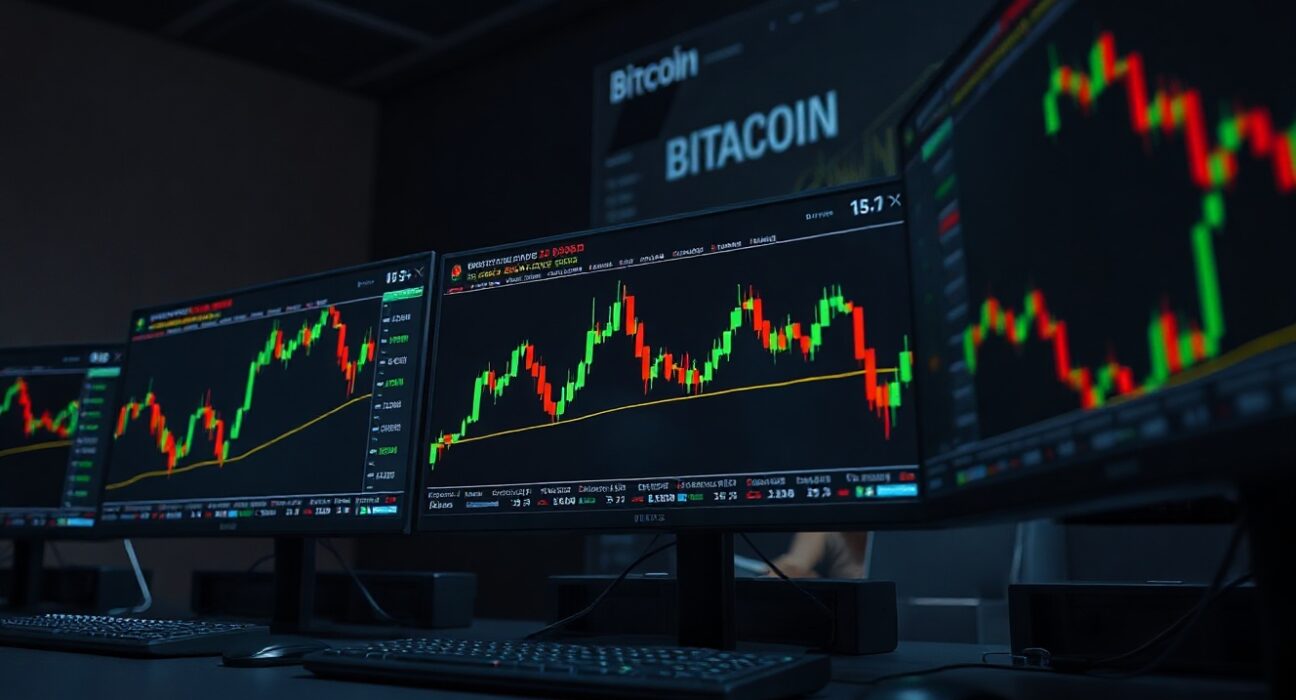 Bitcoin price chart and options market data displayed on multiple monitors in a professional trading desk environment.