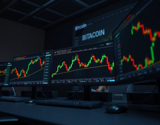 Bitcoin price chart and options market data displayed on multiple monitors in a professional trading desk environment.