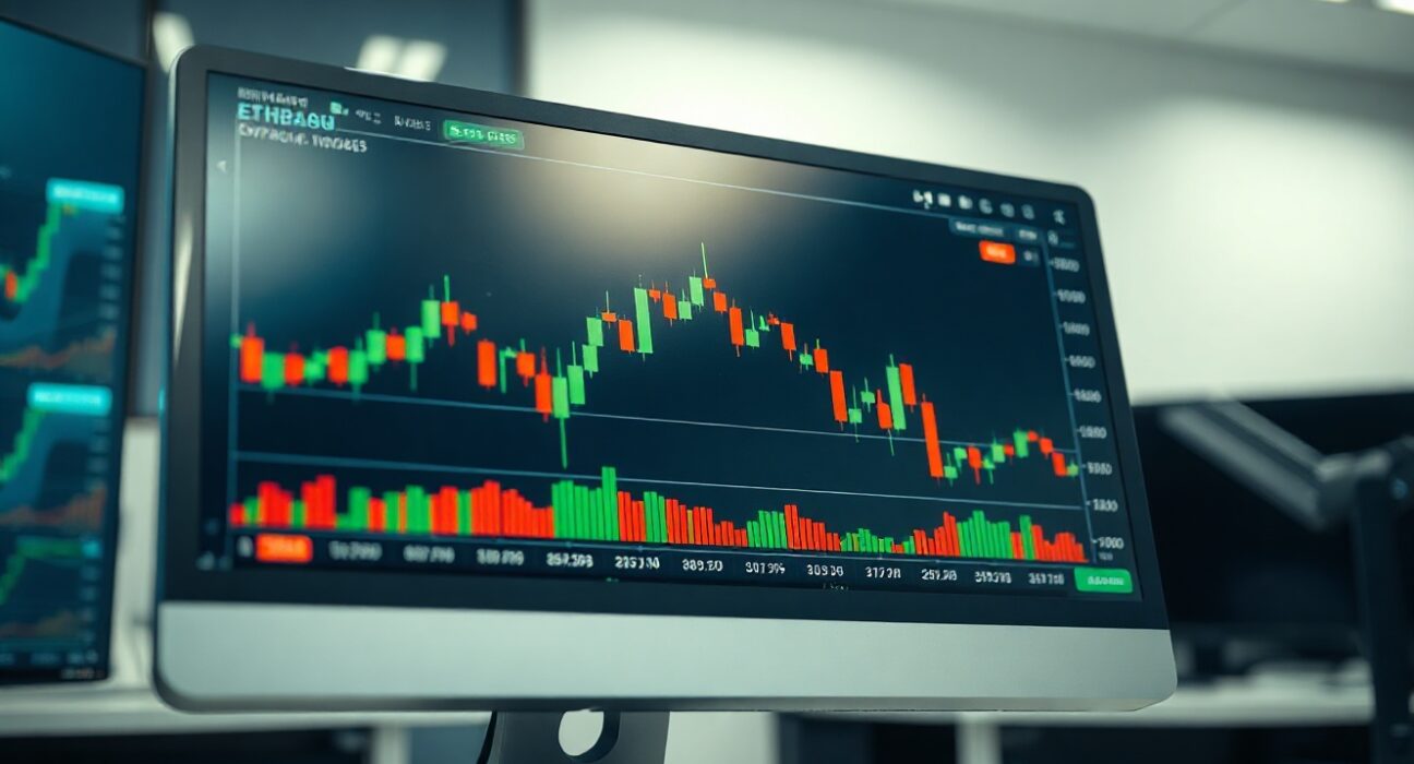 Bitcoin and Ethereum price charts on a trading monitor ahead of U.S. CPI release