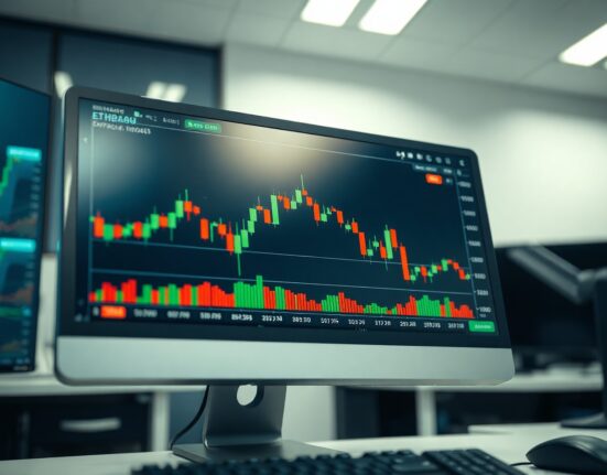 Bitcoin and Ethereum price charts on a trading monitor ahead of U.S. CPI release