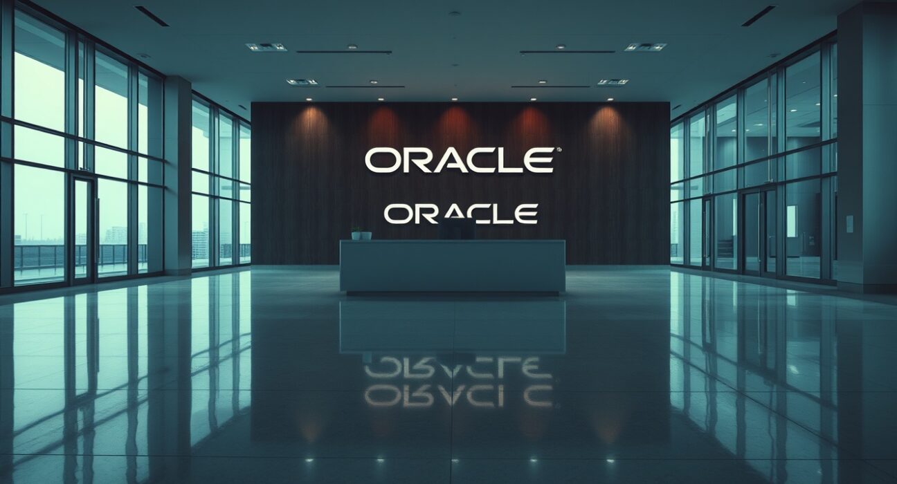 Empty Oracle corporate lobby with dim lights after mass layoffs