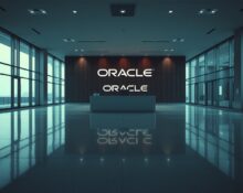 Empty Oracle corporate lobby with dim lights after mass layoffs