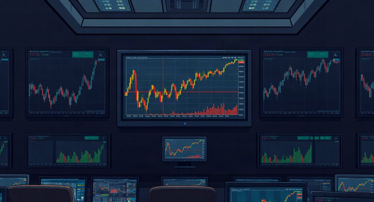 Cryptocurrency price charts on monitors showing a sharp spike, illustrating oracle manipulation in DeFi.