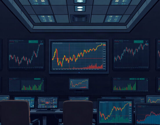 Cryptocurrency price charts on monitors showing a sharp spike, illustrating oracle manipulation in DeFi.