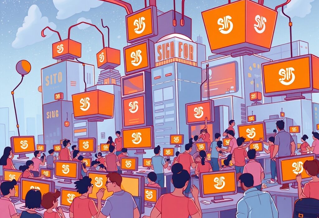 A cartoon illustration showing the rapid growth and user engagement of the Orange Dynasty app within a vibrant digital community.