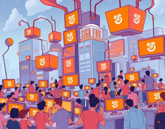 A cartoon illustration showing the rapid growth and user engagement of the Orange Dynasty app within a vibrant digital community.