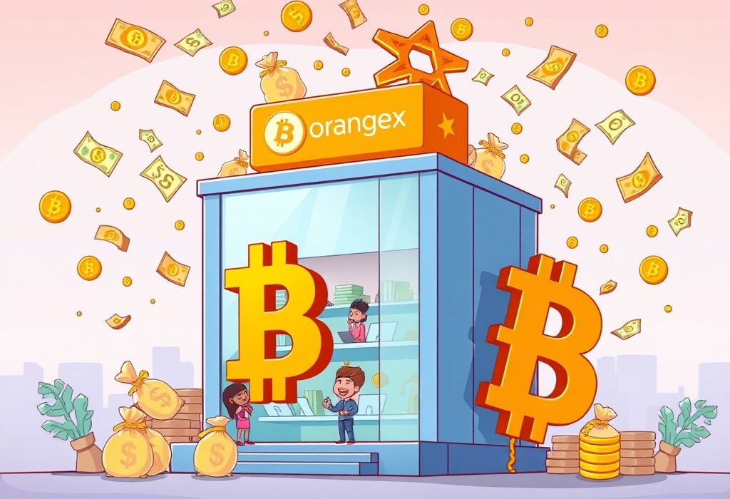 A cartoon illustration symbolizing the successful OrangeX funding round, showing growth and global expansion for the cryptocurrency exchange.