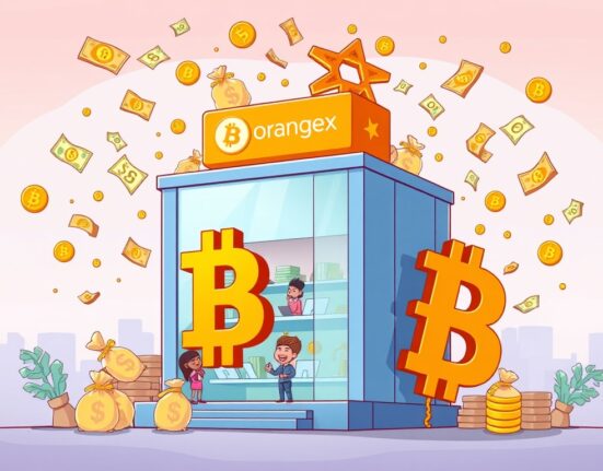 A cartoon illustration symbolizing the successful OrangeX funding round, showing growth and global expansion for the cryptocurrency exchange.