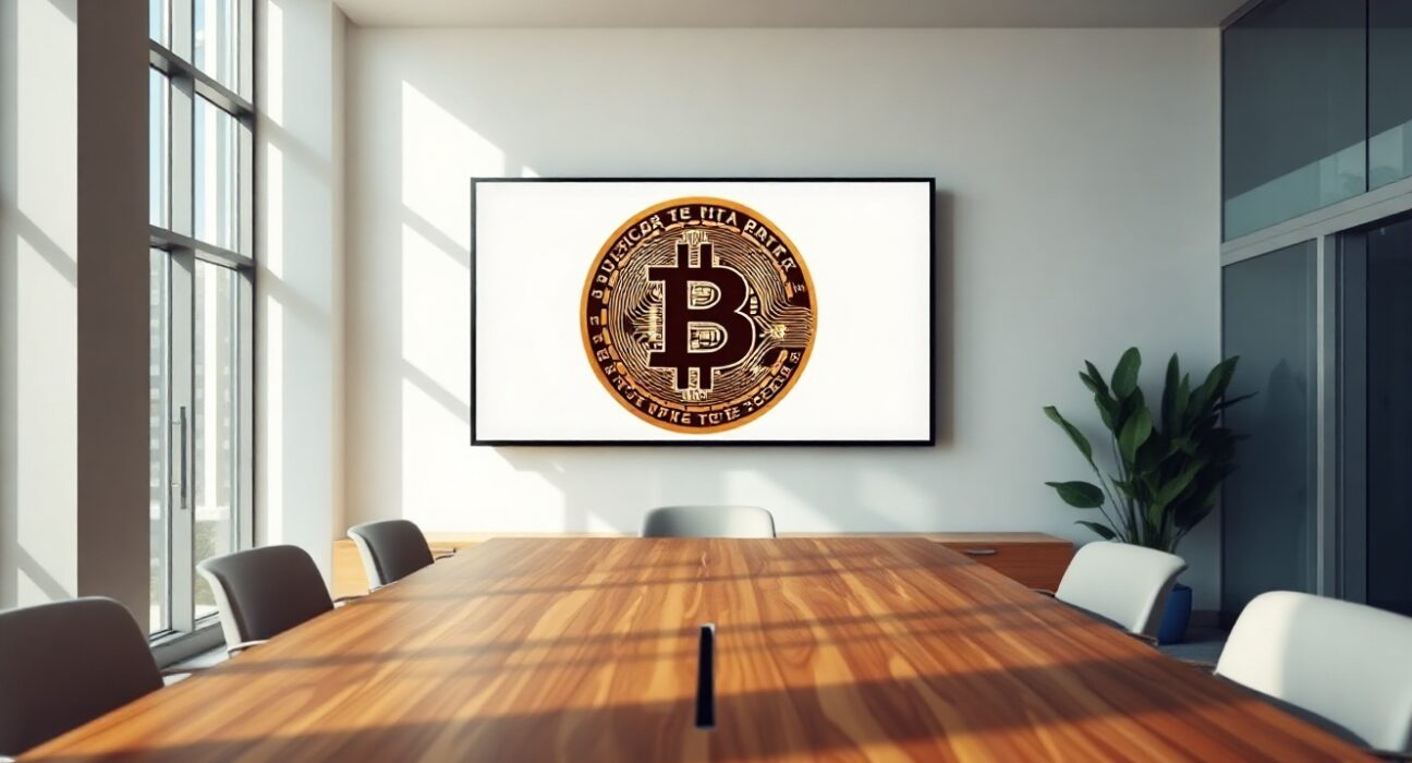 OranjeBTC corporate office with Bitcoin symbol on screen in São Paulo