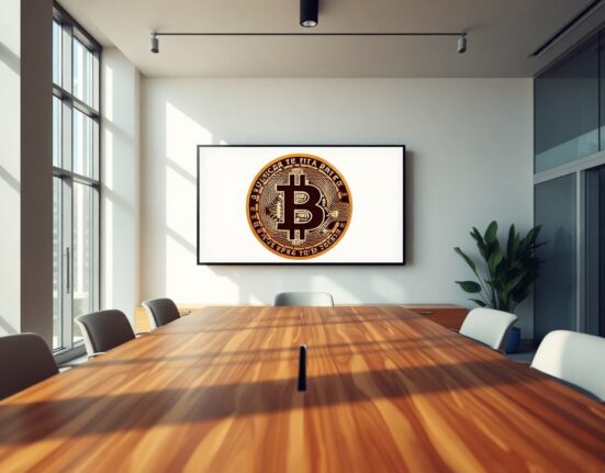OranjeBTC corporate office with Bitcoin symbol on screen in São Paulo