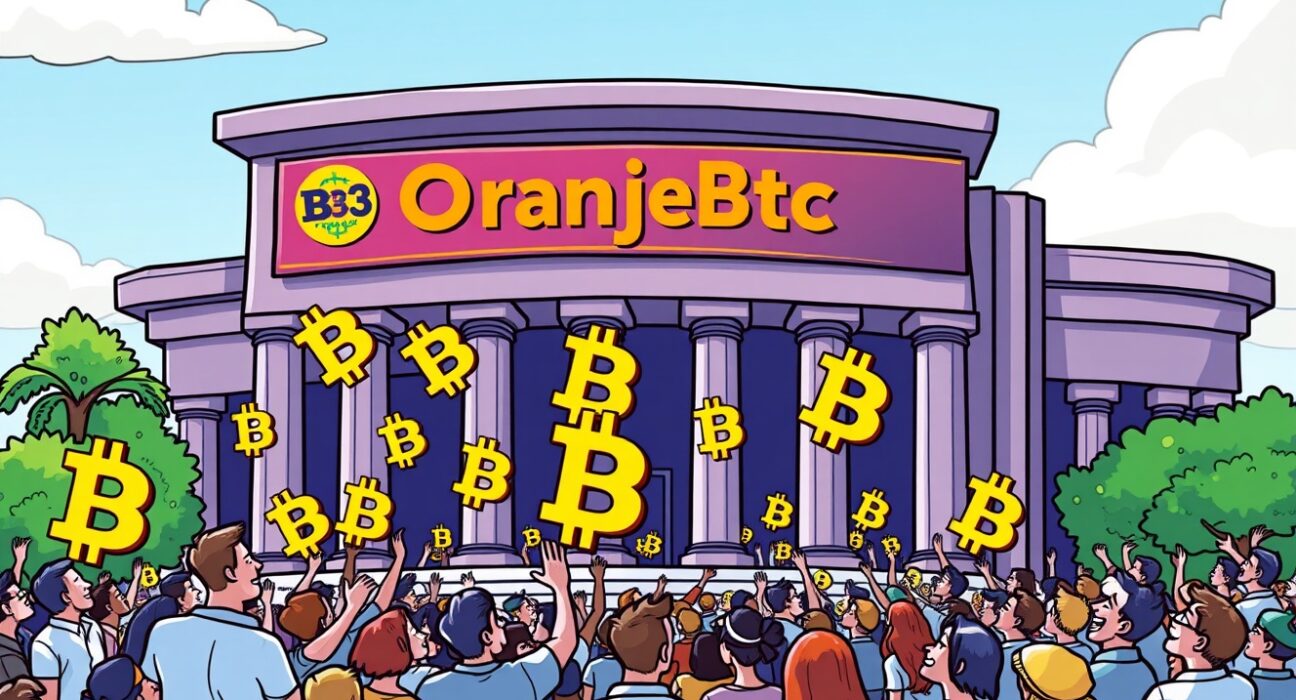 A cartoon illustration symbolizing OranjeBTC Bitcoin's historic listing on the B3 exchange, highlighting Brazil's growing crypto market.