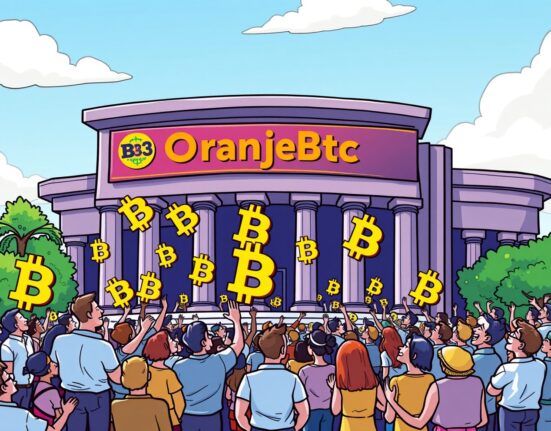 A cartoon illustration symbolizing OranjeBTC Bitcoin's historic listing on the B3 exchange, highlighting Brazil's growing crypto market.