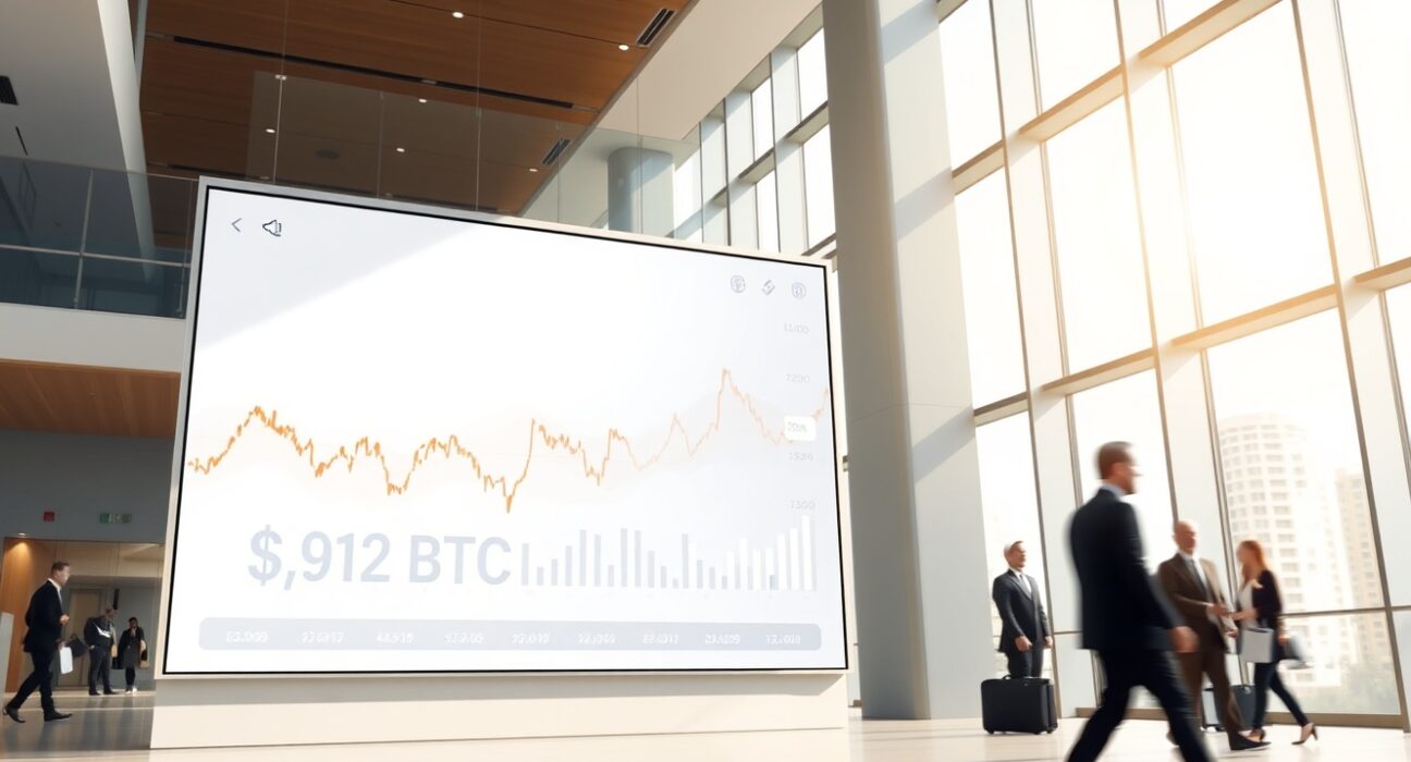 Digital screen in a Brazilian corporate lobby showing Bitcoin holdings of 3,912 BTC.