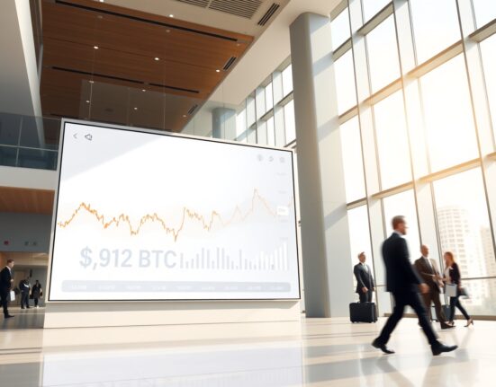 Digital screen in a Brazilian corporate lobby showing Bitcoin holdings of 3,912 BTC.