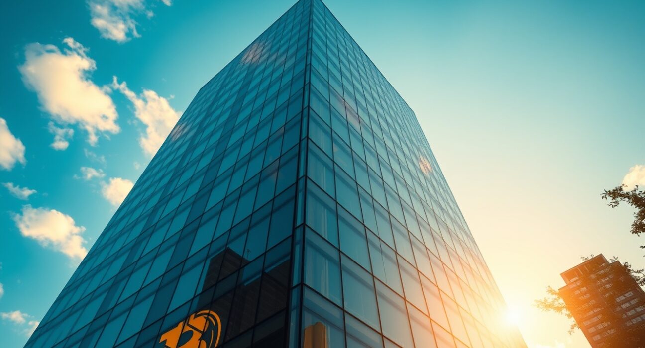 Modern corporate building in São Paulo with Bitcoin symbol reflection, representing OranjeBTC's Bitcoin treasury strategy.