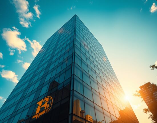 Modern corporate building in São Paulo with Bitcoin symbol reflection, representing OranjeBTC's Bitcoin treasury strategy.