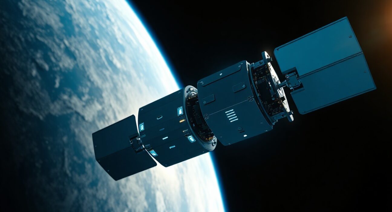 Orbital satellite with GPU hardware in low Earth orbit, Earth in background.