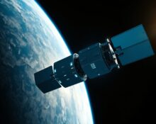 Orbital satellite with GPU hardware in low Earth orbit, Earth in background.