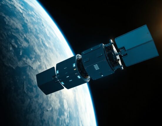 Orbital satellite with GPU hardware in low Earth orbit, Earth in background.