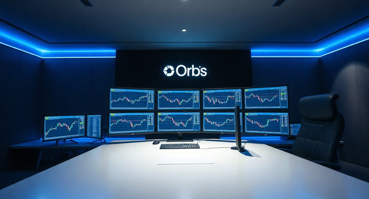 Professional trading desk with monitors displaying charts and Orbs platform interface