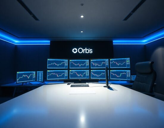 Professional trading desk with monitors displaying charts and Orbs platform interface