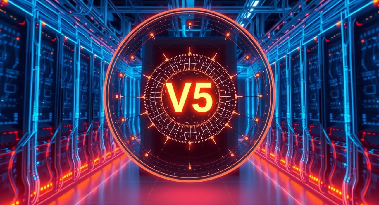 Futuristic data center with holographic network display representing Orbs V5 mainnet upgrade