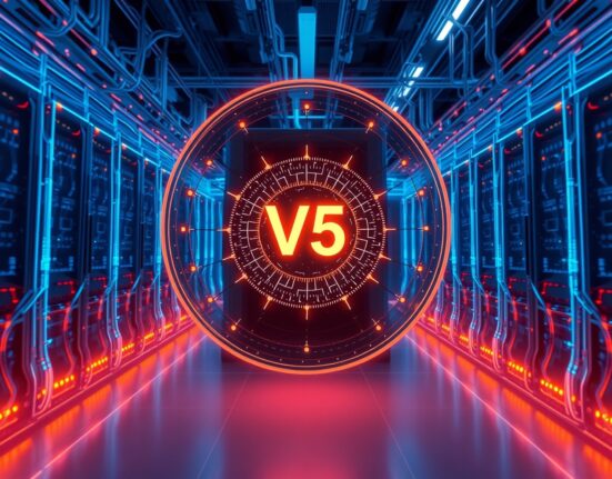 Futuristic data center with holographic network display representing Orbs V5 mainnet upgrade