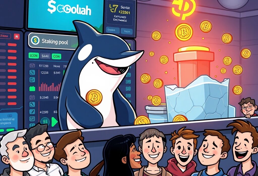 A cartoon Orca mascot symbolizing the Orca DAO proposal, actively managing Solana staking and an ORCA buyback program on a DEX platform.