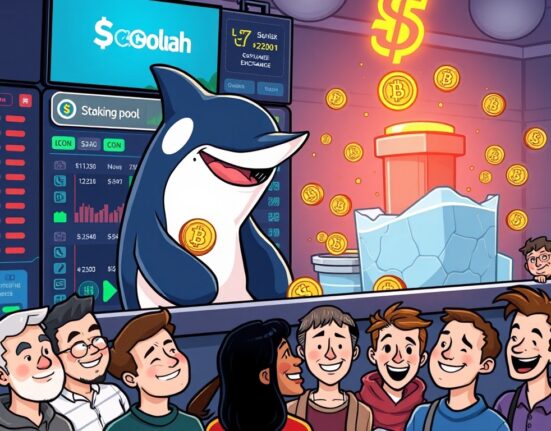 A cartoon Orca mascot symbolizing the Orca DAO proposal, actively managing Solana staking and an ORCA buyback program on a DEX platform.