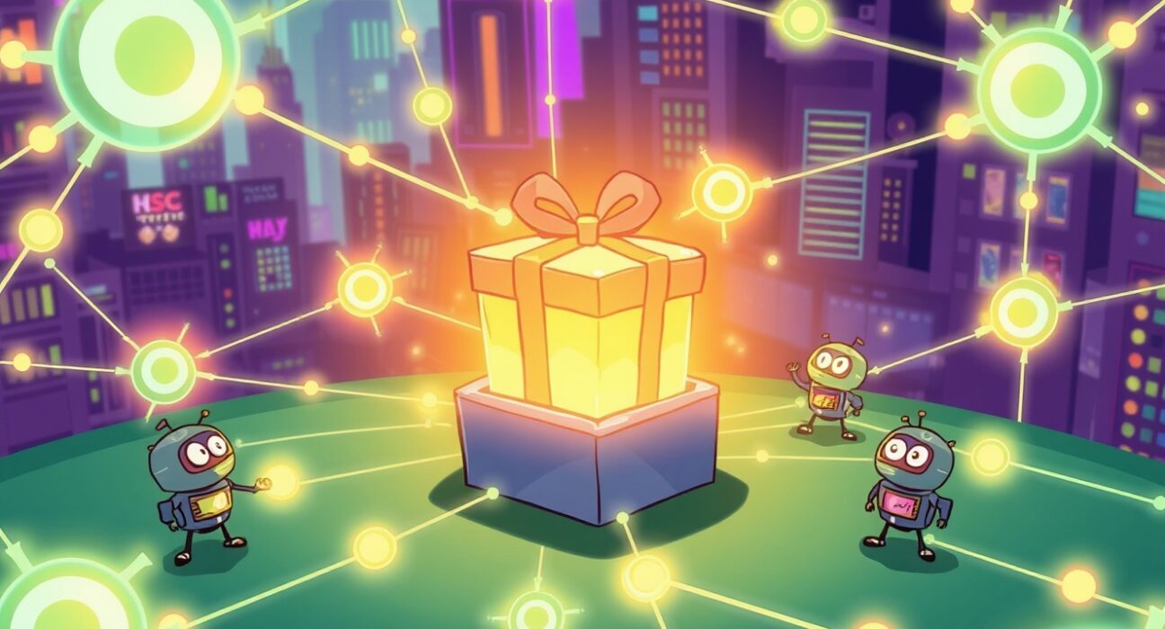 A vibrant cartoon illustration showing a mysterious glowing box representing the upcoming Orderly Network announcement in a digital city.