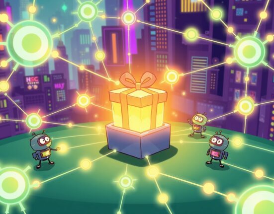 A vibrant cartoon illustration showing a mysterious glowing box representing the upcoming Orderly Network announcement in a digital city.