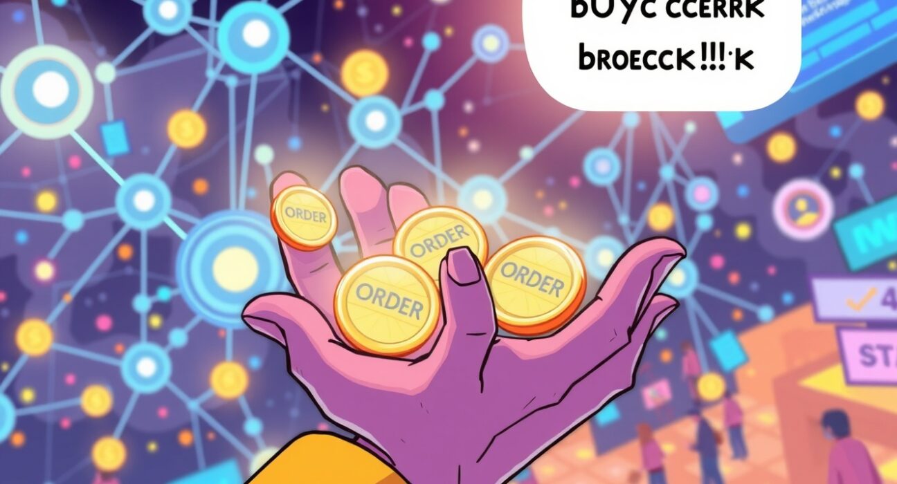 A cartoon hand collecting ORDER tokens, symbolizing Orderly Network's ORDER buyback program and its positive impact on the token's value.