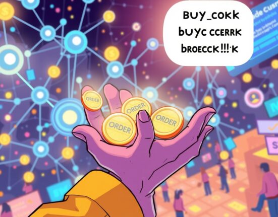A cartoon hand collecting ORDER tokens, symbolizing Orderly Network's ORDER buyback program and its positive impact on the token's value.