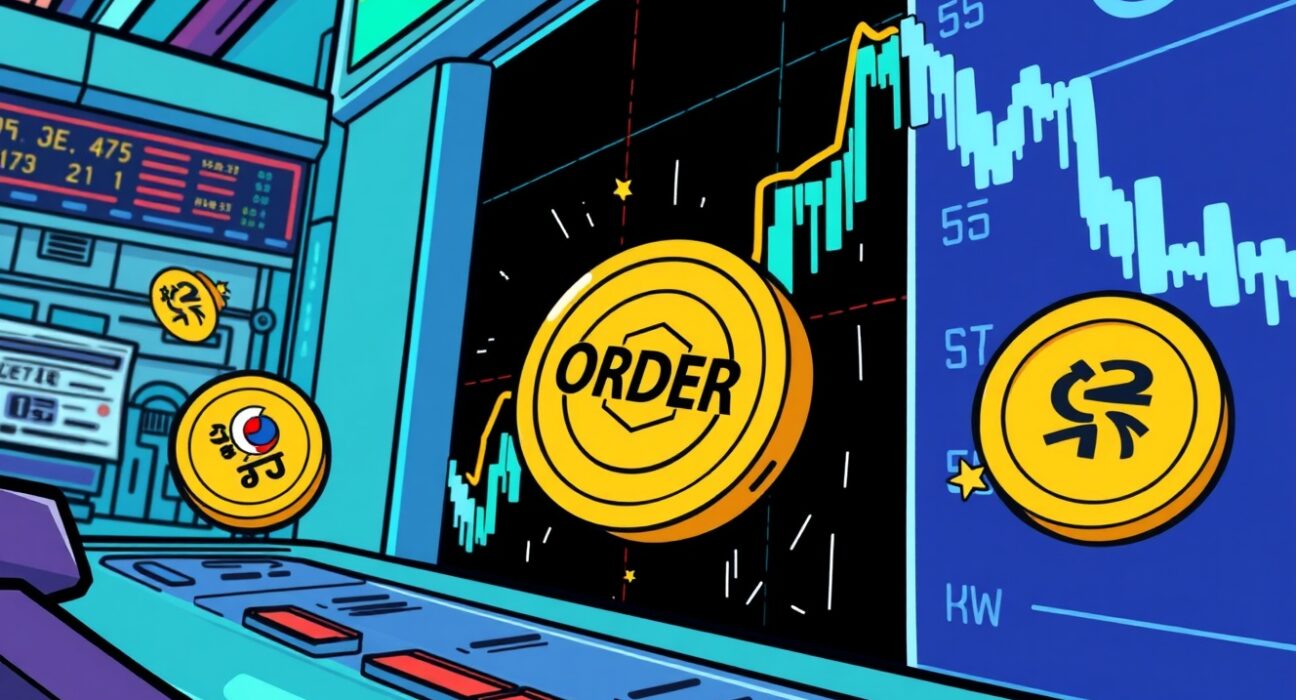 A vibrant cartoon showing the Orderly ORDER listing on Upbit, highlighting new trading opportunities for KRW pairs.