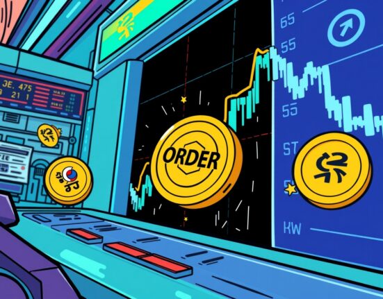 A vibrant cartoon showing the Orderly ORDER listing on Upbit, highlighting new trading opportunities for KRW pairs.
