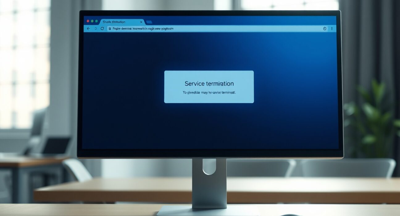 Computer monitor displaying a shutdown notice for the Ordinals browser Ord.io in a dimly lit office