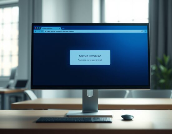 Computer monitor displaying a shutdown notice for the Ordinals browser Ord.io in a dimly lit office