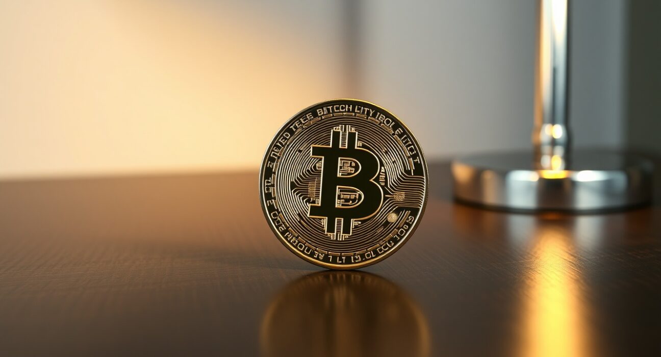 Bitcoin coin on a desk with warm lighting representing Ordinals and ORDI token market analysis.