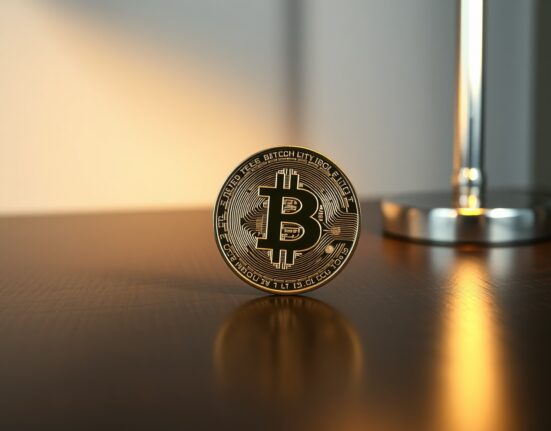 Bitcoin coin on a desk with warm lighting representing Ordinals and ORDI token market analysis.