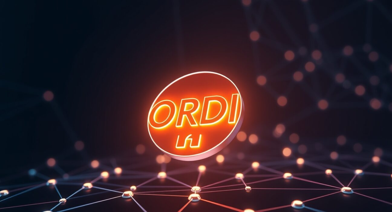 Ordinals ORDI price prediction 2026 analysis showing a glowing token above a Bitcoin network visualization.