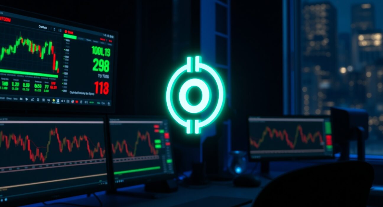 Cryptocurrency trading desk with Bitcoin and Ordinals ORDI price charts on multiple monitors