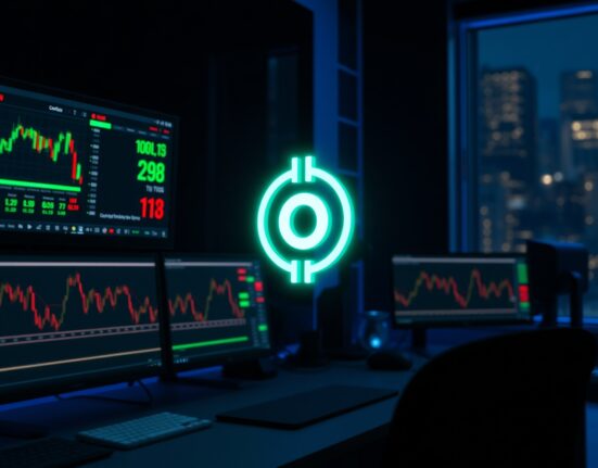 Cryptocurrency trading desk with Bitcoin and Ordinals ORDI price charts on multiple monitors