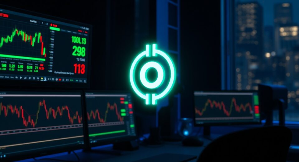 Cryptocurrency trading desk with Bitcoin and Ordinals ORDI price charts on multiple monitors