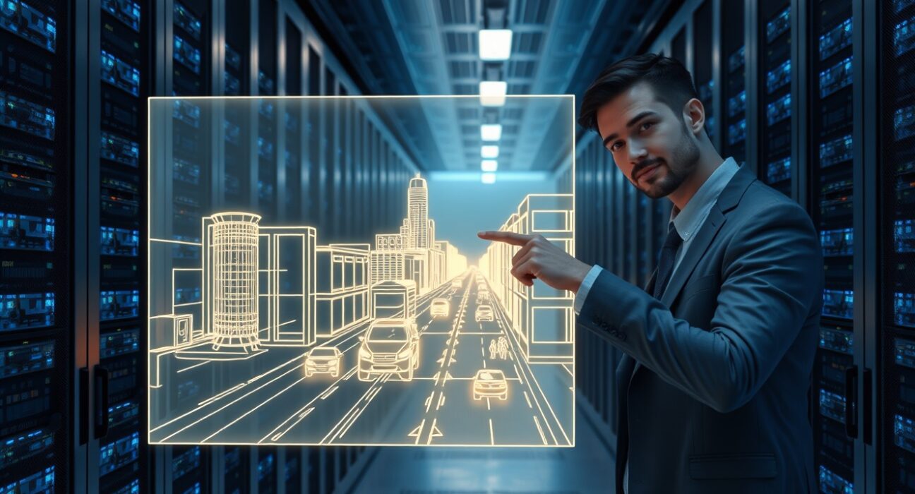 A person in a data center interacts with a holographic world model projection, representing AI training data from video games.